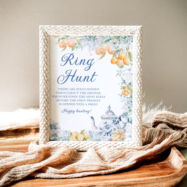 Blue Floral & Lemons Ring Hunt Bridal Shower Game Poster (Creator Uploaded)