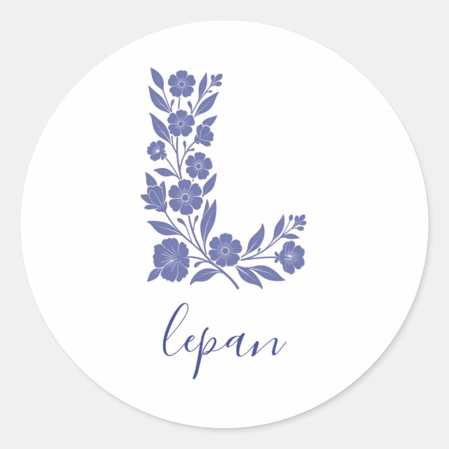 Blue Floral Letter L Monogram Art Round Sticker (Front)
