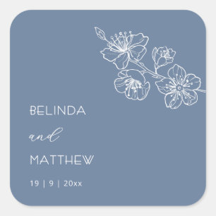 Blue Floral Line Art Wedding Square Sticker