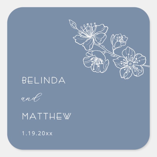  Blue Floral Line Art| Wedding Square Sticker (Front)