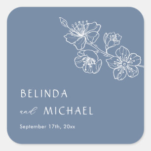 Blue Floral Line Art Wedding Square Sticker