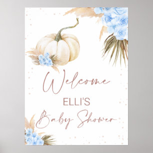 Blue Floral Little Pumpkin Baby Shower Welcome Poster