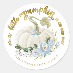 Blue Floral Little Pumpkin Fall Baby Shower Classic Round Sticker