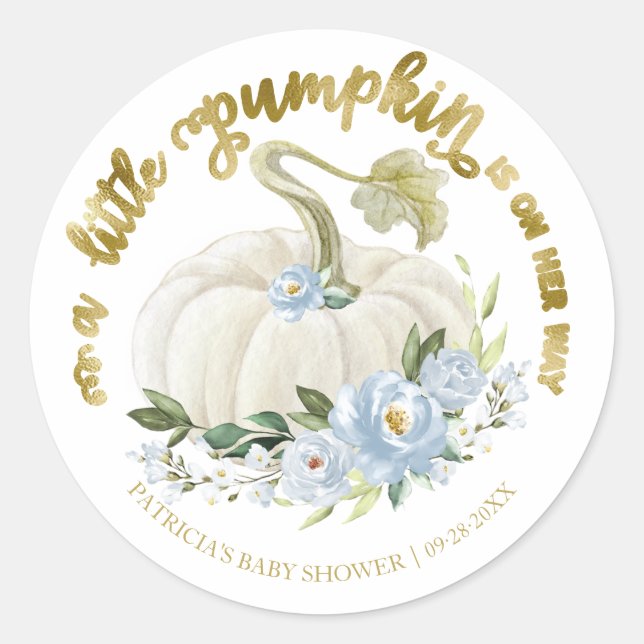 Blue Floral Little Pumpkin Fall Baby Shower Classic Round Sticker (Front)
