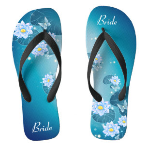 Blue Floral Lotus Pattern Wedding Bride Flip Flops