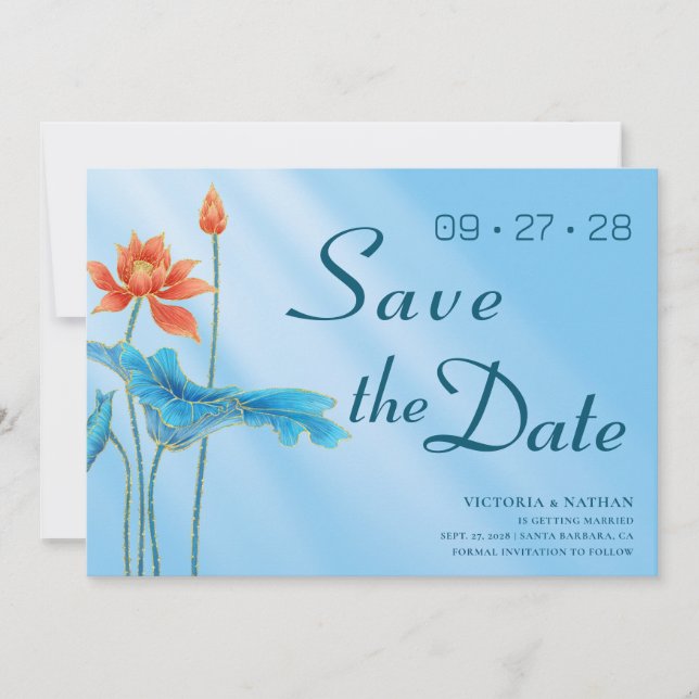Blue Floral Lotus Wedding Save the Date  Invitatio Invitation (Front)