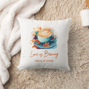 Blue Floral Love is Brewing Coffee Bridal Shower  Cushion
