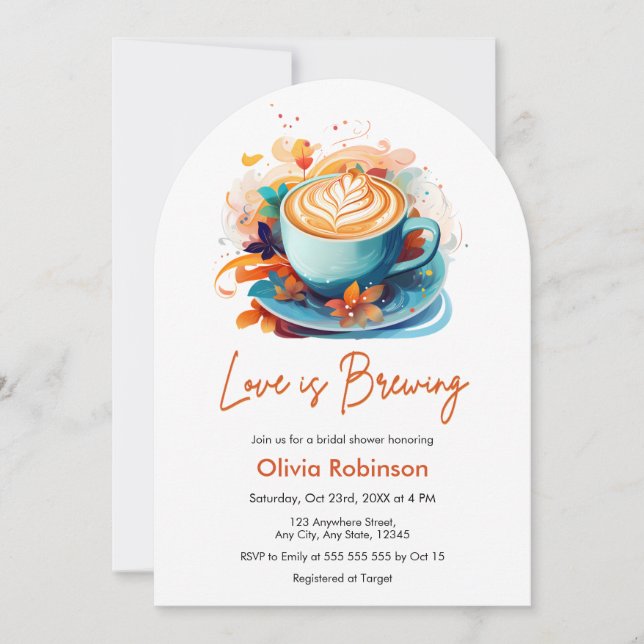 Blue Floral Love is Brewing Coffee Bridal Shower  Invitation (Front)