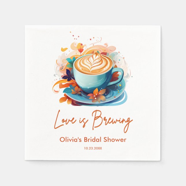 Blue Floral Love is Brewing Coffee Bridal Shower  Napkin (Front)