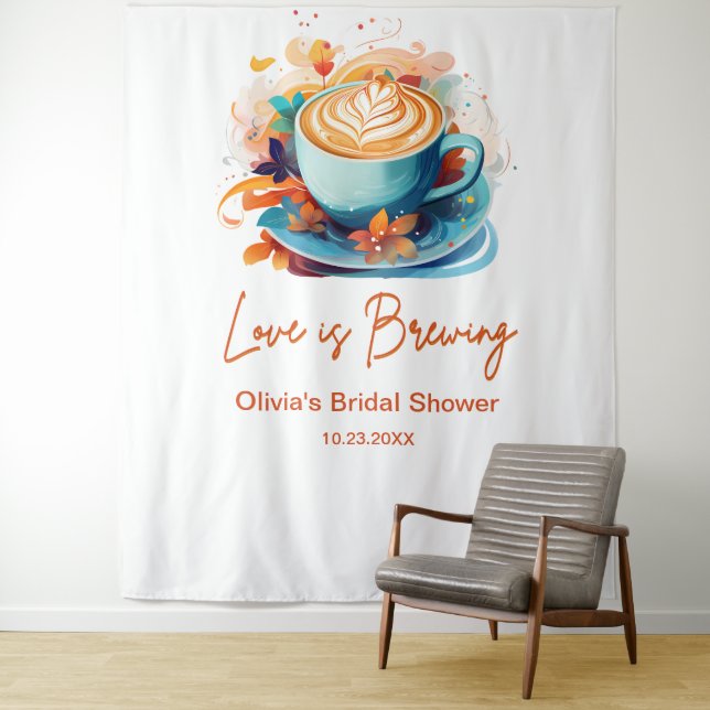 Blue Floral Love is Brewing Coffee Bridal Shower  Tapestry (In Situ)