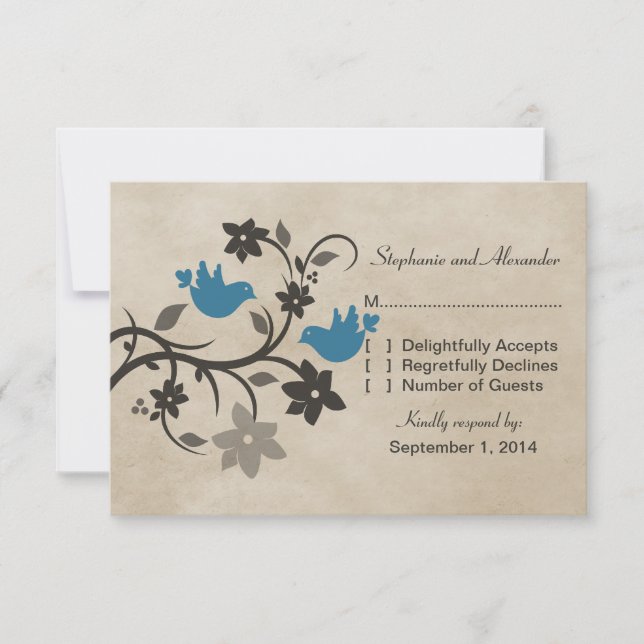 Blue Floral Lovebirds Response Card (Front)