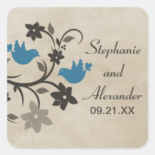 Blue Floral Lovebirds Wedding Stickers