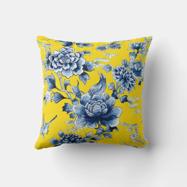 Blue Floral Luxury Print on Yellow Throw Pillow (Back)