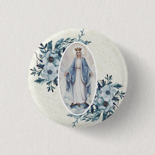 Blue Floral Madonna Virgin Mary Lace 3 Cm Round Badge