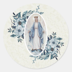 Blue Floral  Madonna   Virgin Mary   Lace Classic Round Sticker