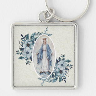 Blue Floral Madonna Virgin Mary Lace Key Ring