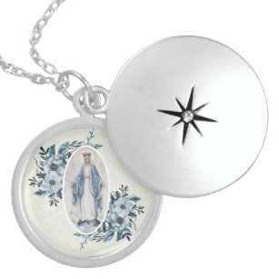 Blue Floral  Madonna   Virgin Mary   Lace Locket Necklace