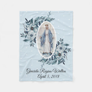 Blue Floral  Madonna   Virgin Mary   White Dots Fleece Blanket