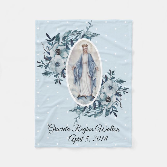 Blue Floral |Madonna | Virgin Mary | White Dots Fleece Blanket (Front)