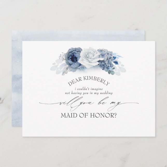 Blue Floral Maid of Honour / Bridesmaid Proposal Invitation (Front/Back)