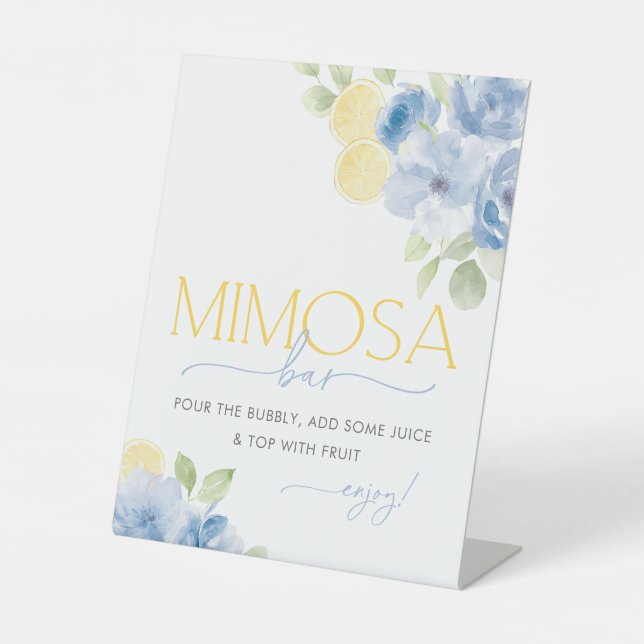 Blue Floral Main Squeeze Bridal Shower Mimosa Bar Pedestal Sign (Front)