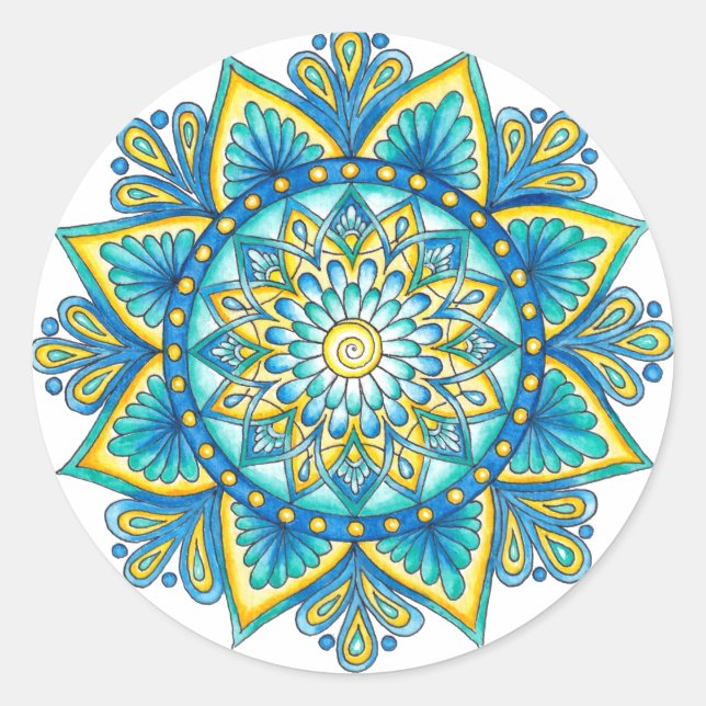 Blue Floral Mandala Yellow Turquoise Classic Round Sticker (Front)