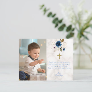 Blue Floral Marble Photo Boy Gold Cross Baptism Thank You Card