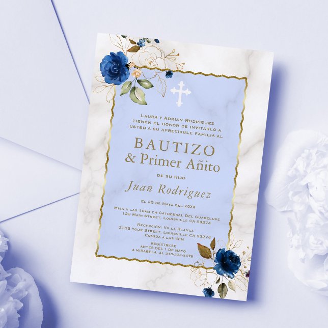 Blue Floral Marble Spanish 1st Birthday Baptism Invitation (Creator Uploaded)