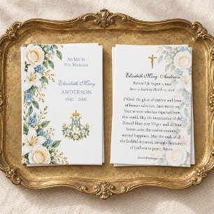 Blue Floral Marian Catholic Memorial Prayer Card