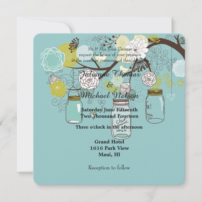 Blue Floral Mason Jars Wedding Invitation (Front)