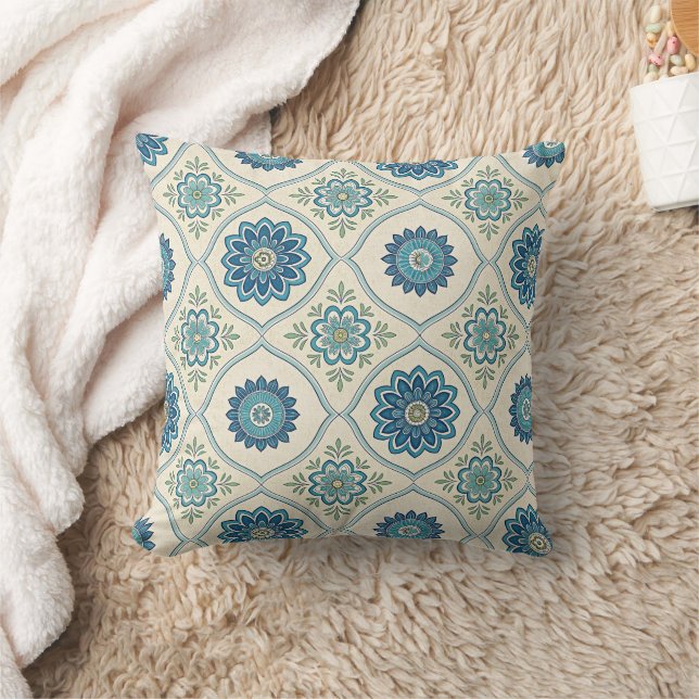 Blue Floral Medallions Pattern on Ivory Cushion (Blanket)
