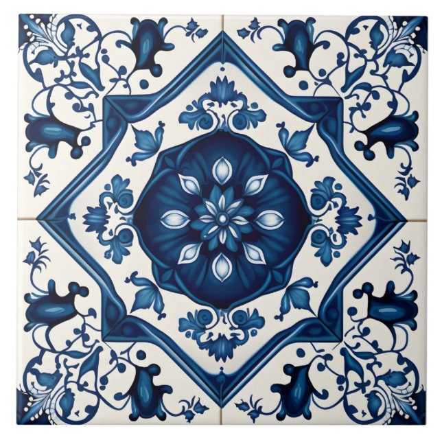 Blue Floral Mediterranean Decorative Tile (Front)