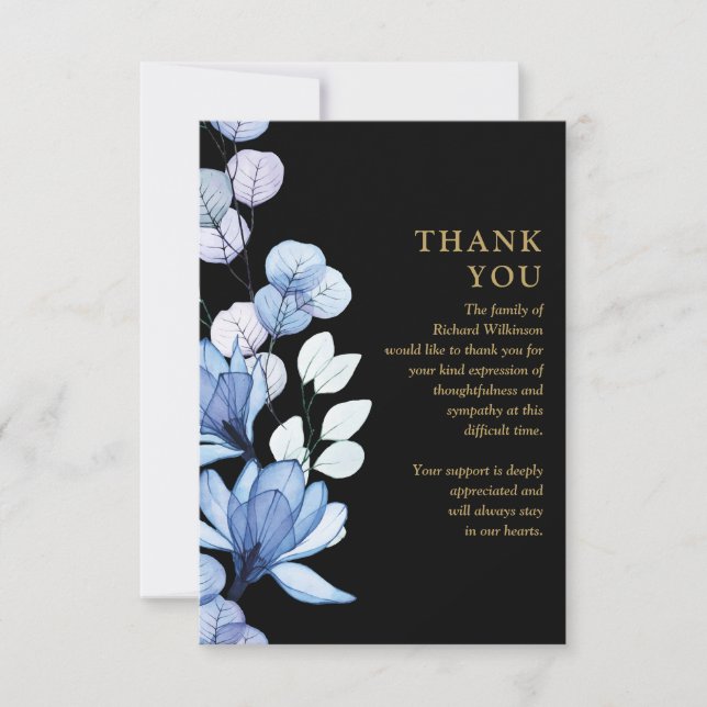 Blue Floral Memorial Celebration Of Life Funeral Thank You Card (Front)
