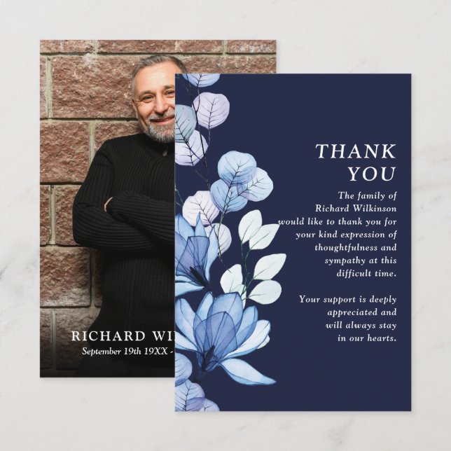 Blue Floral Memorial Celebration Of Life Photo Thank You Card (Front/Back)