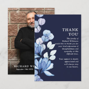 Blue Floral Memorial Celebration Of Life Photo Thank You Card