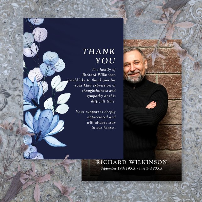 Blue Floral Memorial Celebration Of Life Photo Thank You Card (Blue Floral Memorial Celebration Of Life Photo Thank You Card)