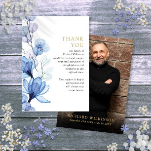 Blue Floral Memorial Celebration Of Life Photo Thank You Card