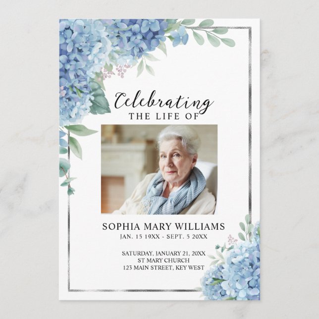 Blue Floral Memorial Funeral Order of Service Programme (Front)