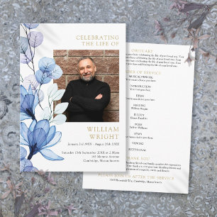 Blue Floral Memorial Funeral Order Of Service Programme