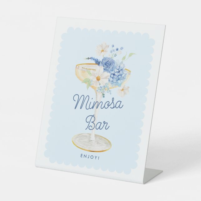 Blue Floral Mimosa Bar Pedestal Sign (Front)