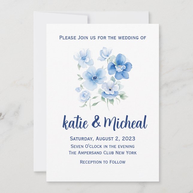 Blue Floral Minimalist Simple Wedding Invitation (Front)