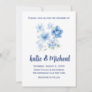 Blue Floral Minimalist Simple Wedding Invitation