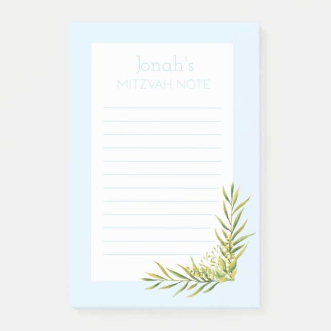 Blue Floral Mitzvah Note: 4x6 Sticky Pad Post-it Notes (Front)