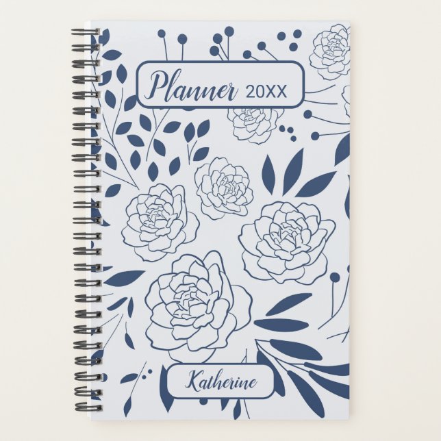 Blue Floral Monochrome Name And Year Planner (Front)