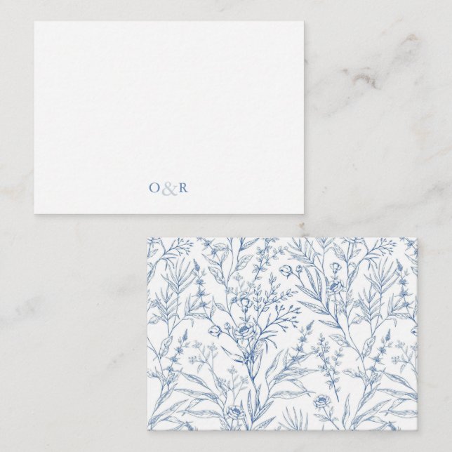 Blue Floral Monogram Couples Stationery Card (Front/Back)