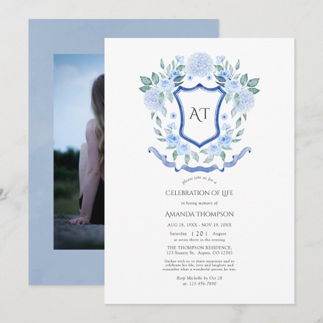 Blue Floral Monogram Crest Celebration of Life Invitation (Front/Back)
