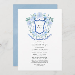 Blue Floral Monogram Crest Celebration of Life Invitation