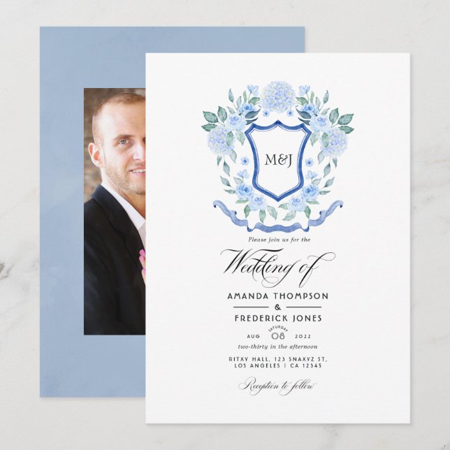 Blue Floral Monogram Crest Wedding Photo Invitation (Front/Back)