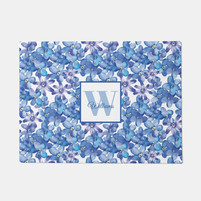 Blue Floral Monogram Doormat (Front)