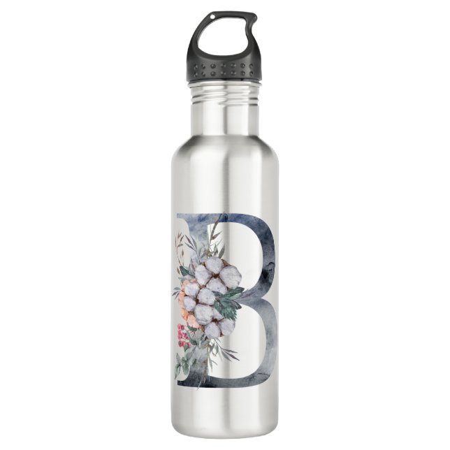 Blue Floral Monogram Initial B 710 Ml Water Bottle (Front)